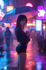 Poster - A woman stands under her umbrella during a rainy day, seeking shelter from the storm