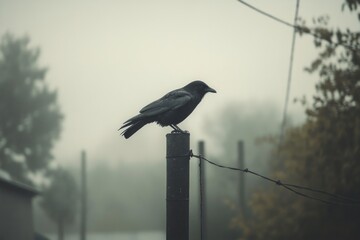 Aufkleber - A black bird sits atop a wooden pole, ready to take flight