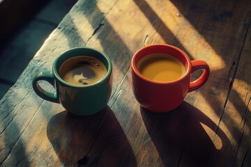 Aufkleber - Two cups of coffee sitting on a wooden table, perfect for a cozy morning or afternoon