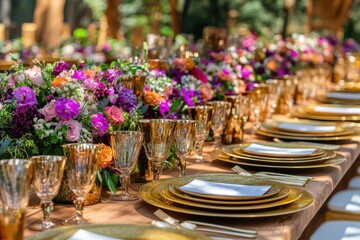 Poster - A wooden table set with multiple plates and glasses, perfect for use in lifestyle or editorial images