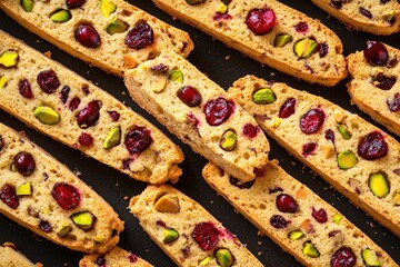 Poster - Freshly baked bread sticks topped with sweet cranberries and crunchy pistachios, perfect for snacking or as a party appetizer