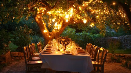 Poster - A dinner table elegantly set under a tree, adorned with lights for an evening gathering  