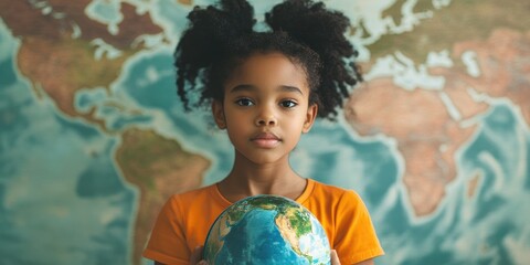 Wall Mural - A young girl holds a globe in front of a world map, perfect for education or travel concepts