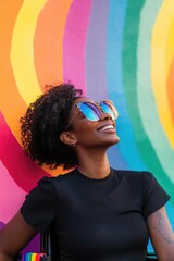 Poster - A woman wearing a black shirt and sunglasses smiles, a carefree moment captured