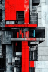 Poster - A modern building with red and black exterior, featuring windows