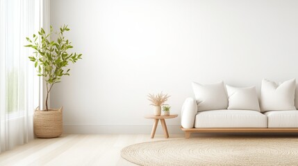 Canvas Print - Bright and airy living room featuring a light-colored rug, soft fabric curtains, and greenery for a tranquil atmosphere