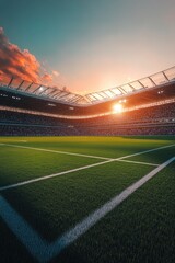 Canvas Print - Soccer field with sunset in the background