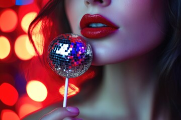 Poster - A woman holds a disco ball in front of her face, creating a reflective shield