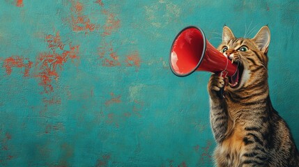 Canvas Print - A curious cat holds a red megaphone in its mouth, a playful and amusing scene