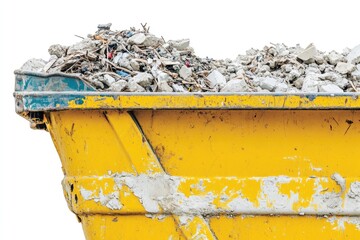 Poster - A yellow dumpster filled with various types of rubble and debris, often used for construction or renovation purposes
