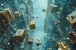 © Cloudyew - A cityscape with many boxes falling from the sky. The boxes are all different sizes and colors, and they are falling in a haphazard manner. The scene is chaotic and disordered