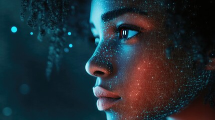 Poster - Close-up of a person's face against a bright blue background, suitable for use in editorial or commercial contexts where a calm and serene atmosphere is desired