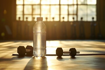 Aufkleber - A single water bottle sits on a wooden table, simple and clean