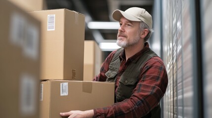 Aufkleber - A person carrying a box in a storage facility, ideal for use in commercial or industrial settings
