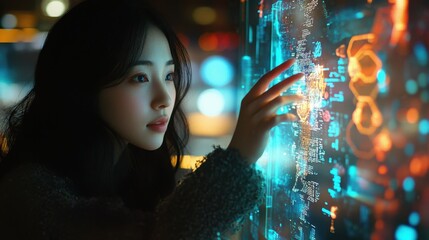 Poster - A young Asian woman interacting with a holographic screen interface, immersed in futuristic business technology and digital innovation.