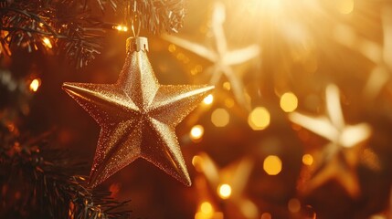 Poster - A gold star ornament hangs from a decorated Christmas tree