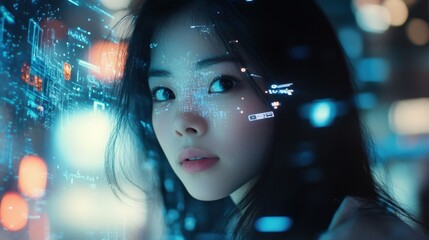 Poster - A young Asian woman interacting with a holographic screen interface, immersed in futuristic business technology and digital innovation.