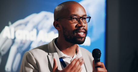 Aufkleber - Black man, speaker and presentation in business seminar for project, machine learning or company. Male person, discussion and AI training for innovation, automation and development with microphone