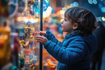 Poster - A curious child examines a colorful array of toys and games