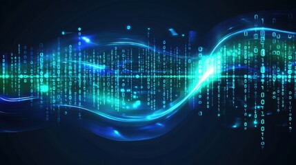 Poster - Abstract digital banner in blue and green tones with flowing tech light effects and binary code symbols.