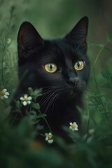 Aufkleber - A black cat sits amidst a colorful field of flowers, with petals and stems visible around it
