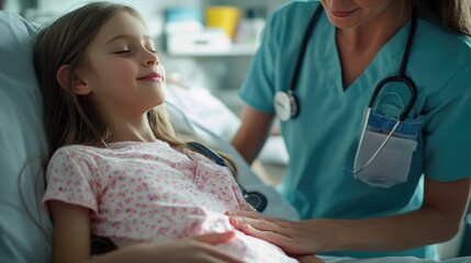 Canvas Print - A young girl rests in a hospital bed, surrounded by medical equipment