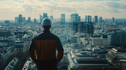 Poster - An engineer with digital schematics overlaid on a cityscape, highlighting future building concepts and construction technology