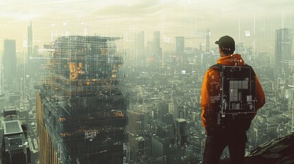 Poster - An engineer with digital schematics overlaid on a cityscape, highlighting future building concepts and construction technology