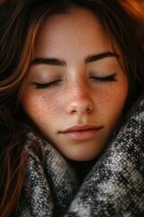 Sticker - Close-up portrait of a woman with freckles on her face, suitable for personal use or as a decorative element in various designs