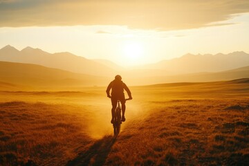 Wall Mural - A person rides a bicycle along a rural path, surrounded by nature