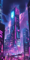 Wall Mural - Creative depiction of a synthwave skyscraper, showcasing bright neon colors and innovative conceptual designs.