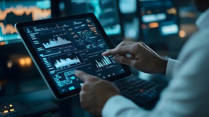 Business man or analyst expanding futuristic investment virtual screen over a modern tablet. Showing if charts and infographic for investment analysis. 