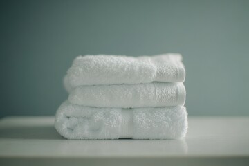 Poster - Stack of white towels sitting on a counter, great for bathroom or kitchen use