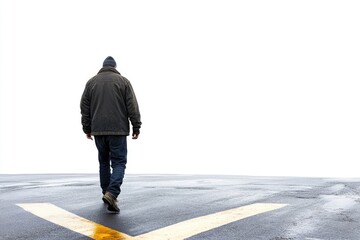 Sticker - A person braving the rain as they walk across a parking lot