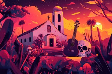 Poster - A church building with a guitar placed in front of it, suitable for music-related or worship-themed images