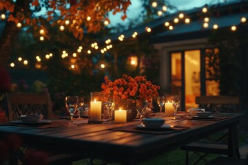 Poster - A beautifully set dining table with candles and flowers