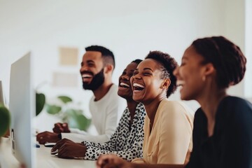 Poster - A group of people having fun and laughing together at a table, great for representing togetherness or social gatherings