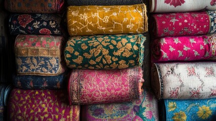 Poster - A collection of vibrant fabrics piled high, ideal for backgrounds or design inspiration