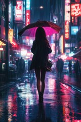 Poster - A woman holding an umbrella walks through rainy weather, wearing casual clothing