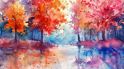 Wall Mural - Vibrant Watercolor Autumn Landscape with Colorful Trees and Reflective Lake