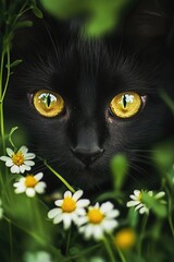Poster - A close-up shot of a black cat's face with bright yellow eyes