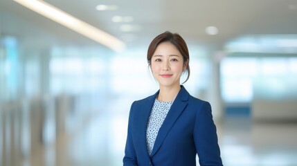 Photograph of a Japanese businesswoman happily walking in an office building. She is wearing a navy blue suit and white shirt, smiling at the camera, against a white background and soft lighting.