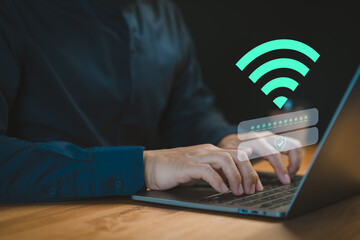 Poster - User logs into a laptop computer using a Wi-Fi connection, entering a username and password. Technology concept of emphasizes internet access, online security, and personal data protection.