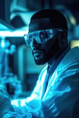 Poster - A scientist in a lab coat and goggles holding a pipe, likely used for experimentation or research
