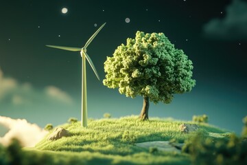 Poster - A tree stands tall on a hill, with a wind turbine visible in the background