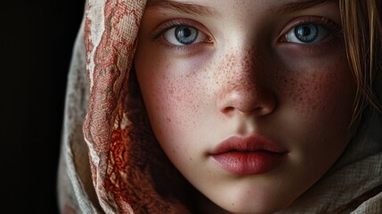 Wall Mural - Close-up shot of a young girl's face showing freckles and a cheerful expression