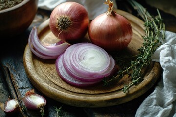 Poster - Fresh onions and herbs arranged on a wooden cutting board, great for kitchen or cooking scene
