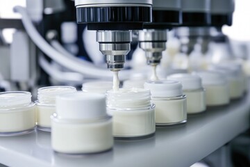 Poster - A line of glass jars filled with cream and placed on a wooden table