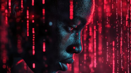 Poster - A person is standing in a dimly lit room with only red lights for illumination