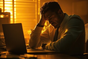 Canvas Print - A person sitting at a desk with a laptop and keyboard, likely working or studying